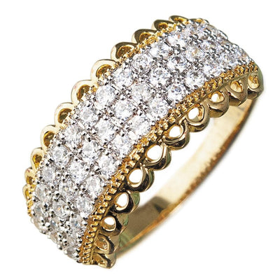 Golden Lace Ring featuring a sterling silver base with gold plating, adorned with multiple rows of sparkling clear stones, designed for female jewelry enthusiasts.