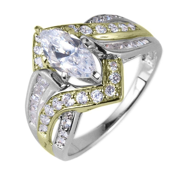 Venus Ring featuring a two-tone sterling silver band adorned with sparkling clear gemstones and a marquise-cut centerpiece, designed for female jewelry elegance.