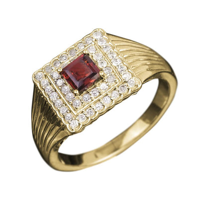 Maximo Diamond & Garnet Men's Ring featuring a gold-plated sterling silver band with a central square garnet gemstone surrounded by sparkling diamonds, designed for men’s jewelry.