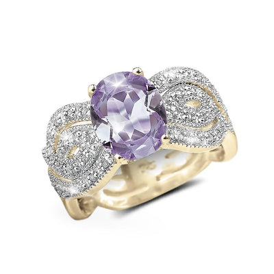 Provence Lavender Ring featuring a sterling silver band with gold plating, adorned with an oval lavender gemstone and intricate diamond accents for women’s jewelry.