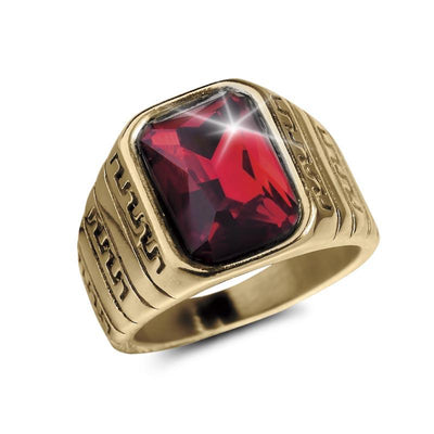 Cardinal Men's Ring featuring a gold-plated stainless steel band with intricate engravings and a large rectangular deep red gemstone centerpiece, designed for men’s jewelry.