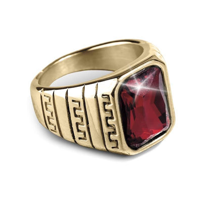 Cardinal Men's Ring crafted from gold plated stainless steel featuring a large rectangular red gemstone with intricate geometric detailing on the band.