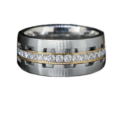 Grand Prix Men's Ring Steel featuring a two-tone stainless steel band with a row of sparkling clear stones, designed for men seeking bold, stylish jewelry.