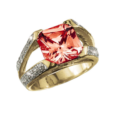 Radiant Ruby Ring featuring a large square-cut red gemstone set in a sterling silver band with gold plating and decorated with small accent stones, designed for women.