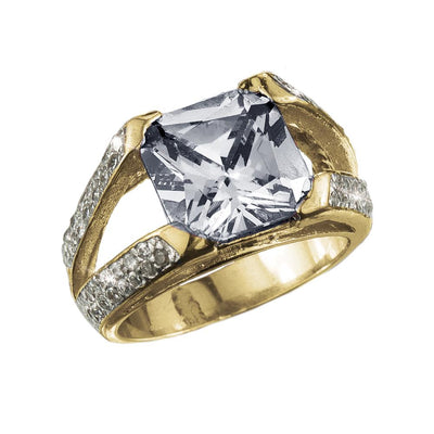 Radiant White Ring featuring a sterling silver band with gold plating, adorned with a large radiant cut gemstone and accented with smaller clear stones, designed for women.
