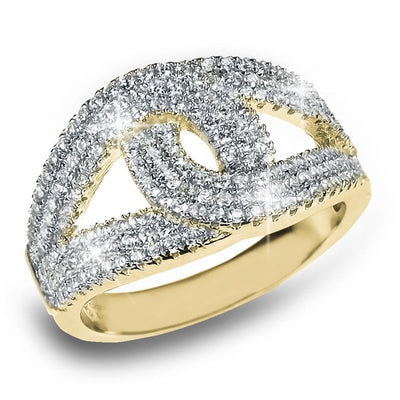 Eve Gold Ring featuring sterling silver material with gold plating, designed for women, adorned with sparkling clear stones in an elegant intertwined pattern.