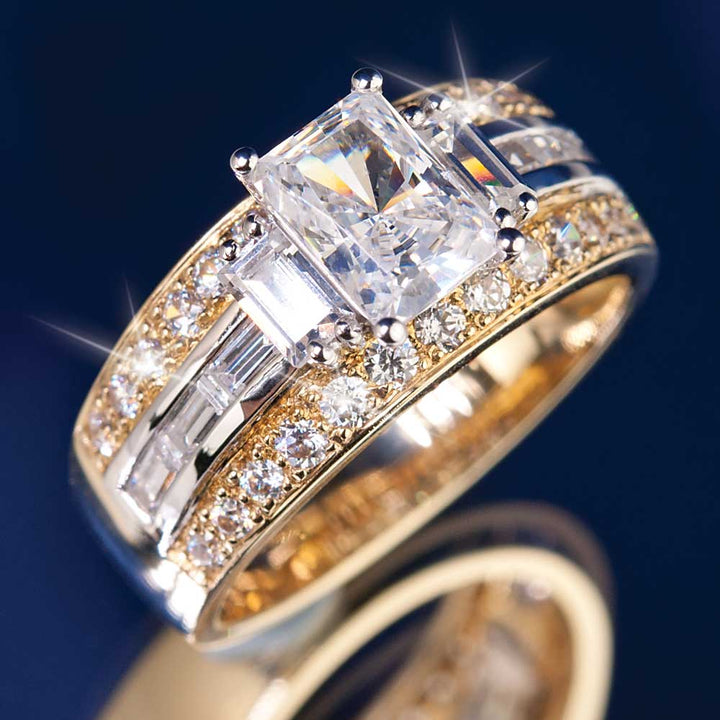 Iona Baguette Ring featuring a large rectangular central gemstone, accented with smaller round and baguette-cut stones in a two-tone sterling silver setting, designed for women.