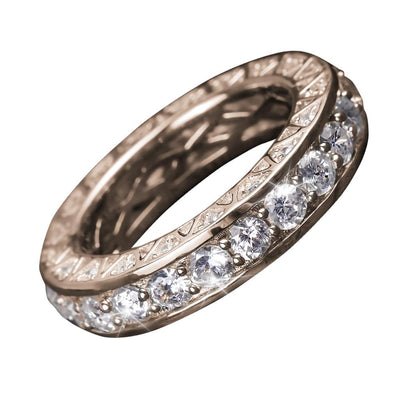 Portofino Rose Gold Ring featuring sterling silver with rose gold plating, adorned with sparkling clear gemstones in an elegant continuous band design for women’s jewelry.