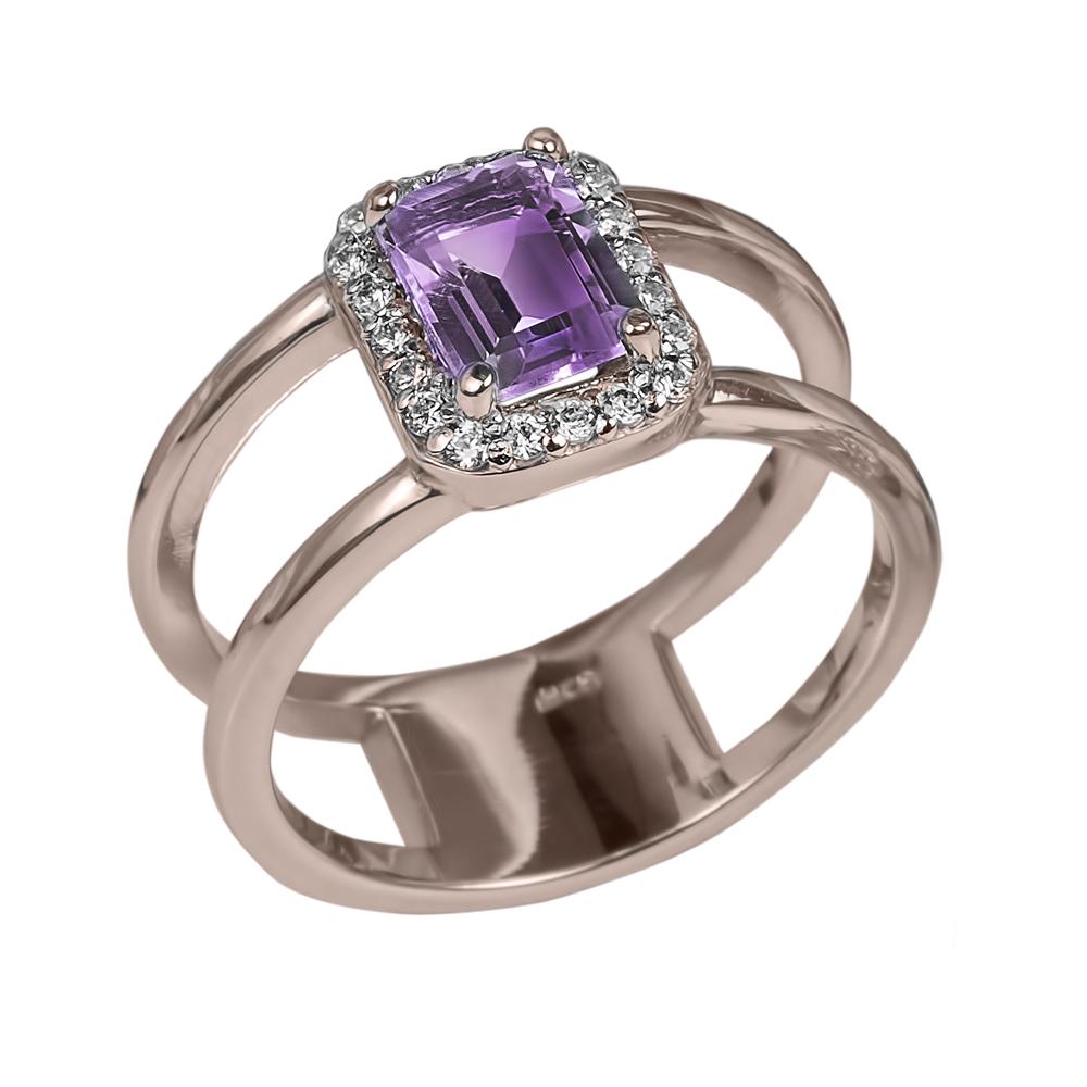 Destiny Amethyst Ring featuring a rectangular amethyst center stone surrounded by sparkling accents, set in sterling silver with rose gold plating, designed for female elegance.