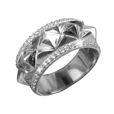 Luxor Rhodium Ring featuring sterling silver with gold plating, designed for women, showcasing a geometric pattern accented by sparkling stones for elegant jewelry styling.