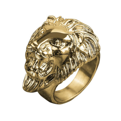 Gold-plated stainless steel Lionheart Ring featuring a detailed lion head design, crafted for a bold, masculine jewelry statement.