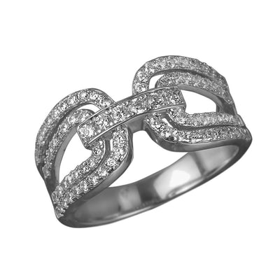 Gancini Rhodium Ring in sterling silver for female, featuring a rhodium plating and adorned with sparkling clear stones in an elegant linked design.