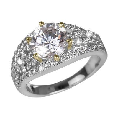 Boutique Ring featuring a large round clear stone set in sterling silver with two-tone plating and multiple smaller stones decorating the band, designed for women’s jewelry collections.