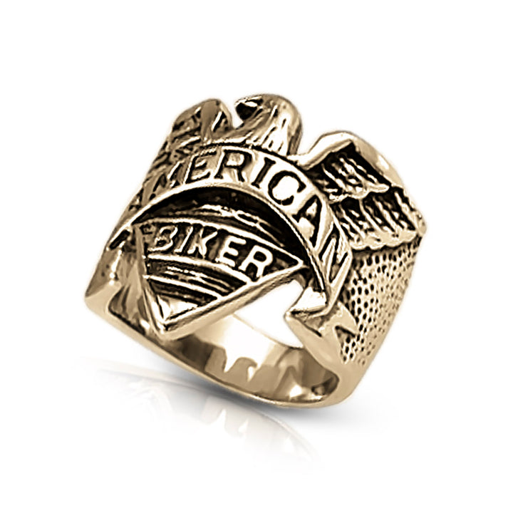 Eagle Rider Ring crafted in gold-plated stainless steel, featuring a bold eagle design with "American Biker" engraving, perfect men's jewelry for riders and collectors.