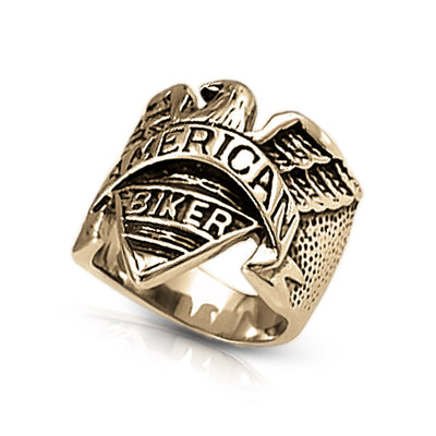 Eagle Rider Ring crafted from gold-plated stainless steel featuring detailed eagle and American biker motifs, designed for men seeking bold, collectible jewelry.