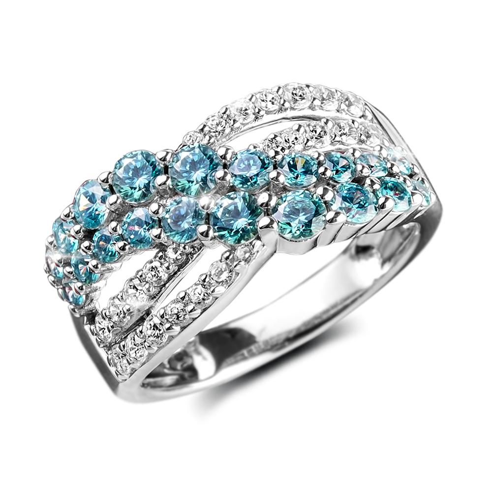 Aqua Cascade Ring featuring sterling silver with rhodium plating, adorned with sparkling blue and clear stones, designed for women seeking elegant jewelry.