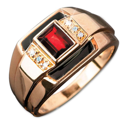 Discovery Rose Gold Ring for men crafted from sterling silver plated in rose gold, featuring a rectangular red gemstone accented with small clear stones and black enamel details.