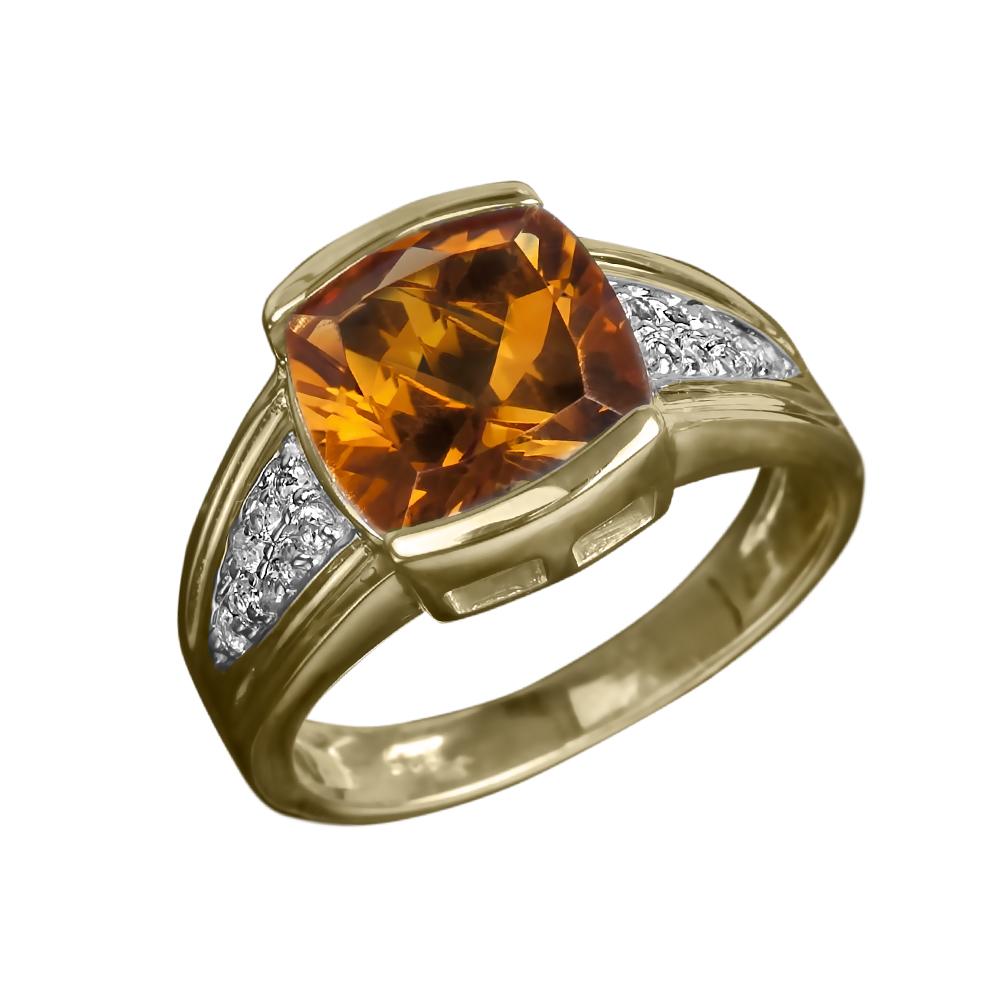 Madeira Citrine Men's Ring crafted in sterling silver with gold plating, featuring a cushion-cut citrine center stone and diamond accents on the band.