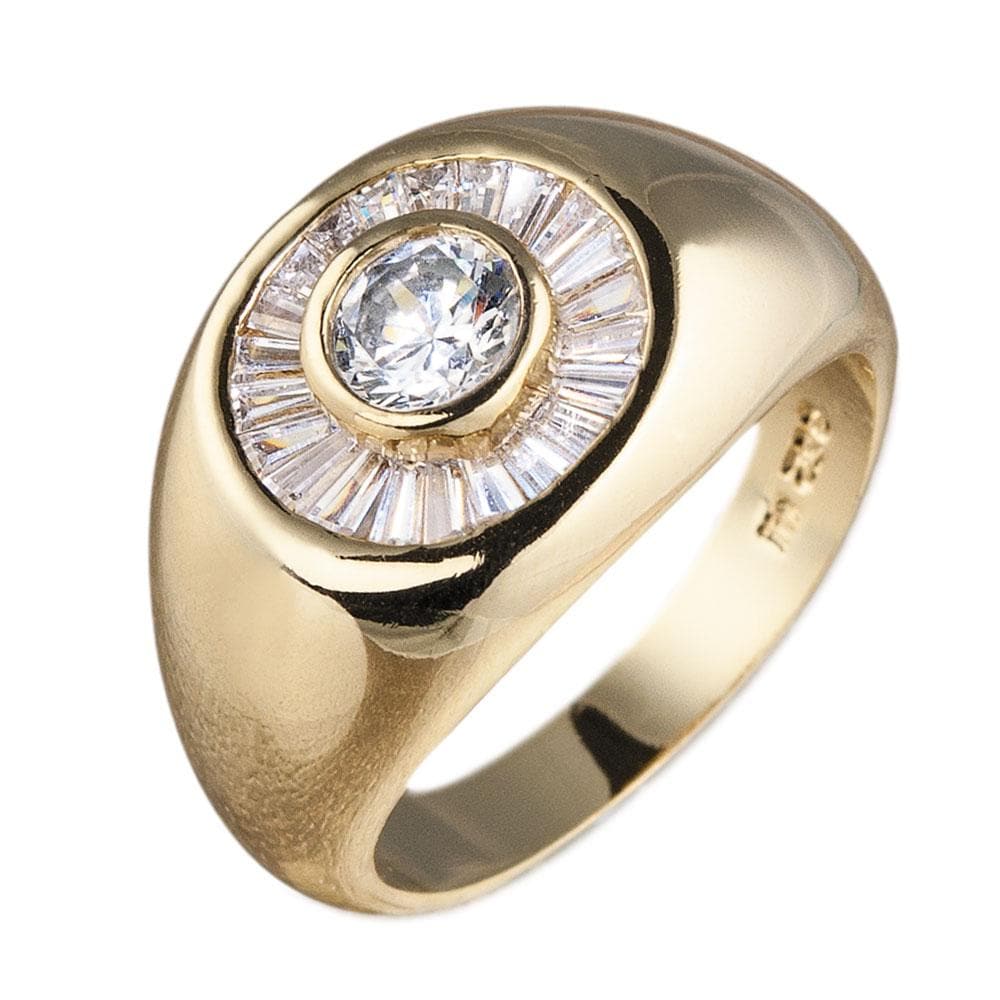 Metropolis Men's Ring in sterling silver with gold plating, featuring a central round clear gemstone surrounded by tapered baguette-cut stones in a bold, modern design.