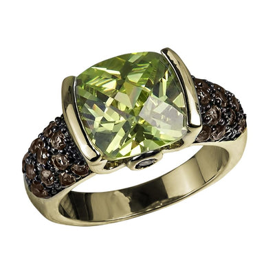 Rainforest Gold Ring featuring a large green gemstone centerpiece set in gold-plated sterling silver with textured brown accents, designed for female jewelry lovers.