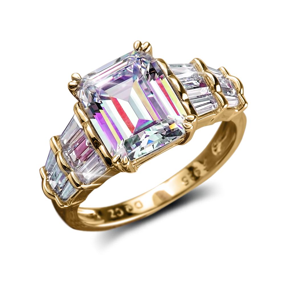 Golden Palace Ring featuring a large emerald-cut gemstone centerpiece with smaller baguette stones set in sterling silver plated with gold, designed for women’s jewelry.