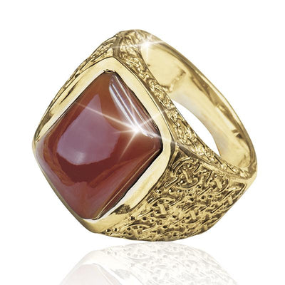 Harley Red Agate Ring featuring a square red agate stone set in sterling silver with gold plating, designed for a bold male jewelry statement.
