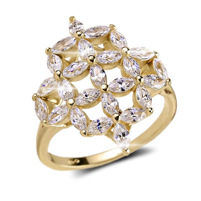 Floretta Gold Ring featuring a sterling silver band with gold plating and an elegant lattice design adorned with marquise-cut clear gemstones, designed for women’s jewelry.