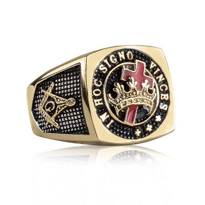 Masonic Ring crafted from stainless steel with gold plating, featuring detailed Masonic symbols including a crown, cross, and square and compasses design for male jewelry collectors.