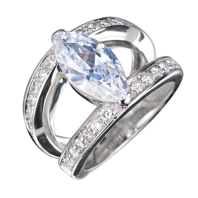 Marquise Strata Ring features a sterling silver band with sparkling accent stones and a large marquise-cut centerpiece, designed for women seeking elegant jewelry.
