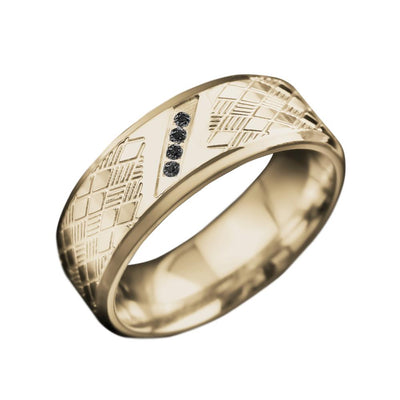 Rafferty Steel Ring for men featuring a gold plating, stainless steel material, and intricate engraved patterns with four black stones set in a modern design.