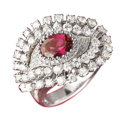 Nazar Rouge Ring featuring a sterling silver band with a red center stone surrounded by two rows of clear sparkling gemstones in an intricate design.