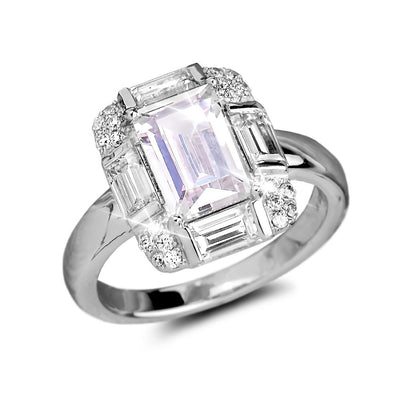 Miami Deco Ring featuring a sterling silver band with rhodium plating, showcasing a rectangular center gemstone surrounded by baguette and round accent stones, designed for women’s jewelry.