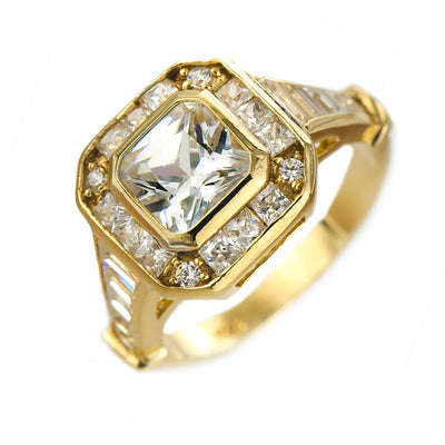 Valencia Deco Ring featuring a gold plated sterling silver band with a large square center crystal surrounded by smaller clear stones, designed for women’s jewelry.