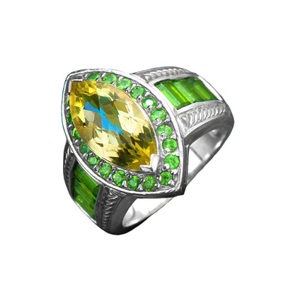 Verdissimo Ring featuring a sterling silver band with rhodium plating, adorned with a large yellow gemstone surrounded by smaller vibrant green stones, elegant female jewelry ring.