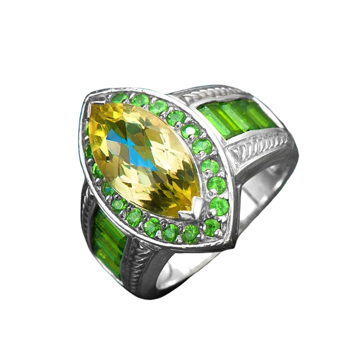 Verdissimo Ring featuring a sterling silver band with rhodium plating, adorned with a large yellow gemstone surrounded by smaller vibrant green stones, elegant female jewelry ring.