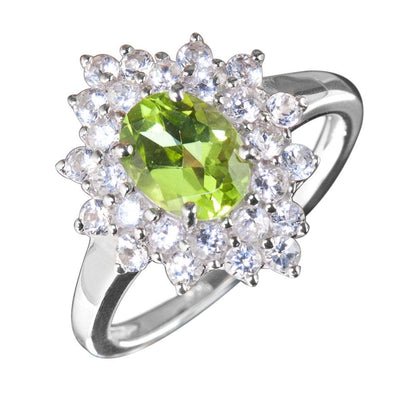 Peridot Cluster Ring featuring a sterling silver band with rhodium plating, showcasing a vibrant green peridot center stone surrounded by clear sparkling accents, designed for women.