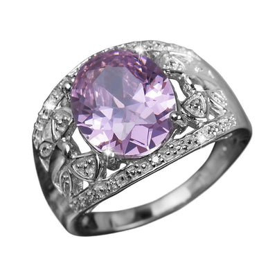 Rosette Ladies Ring featuring a sterling silver band plated with rhodium, adorned with an oval-cut light purple gemstone and intricate detailing, elegant jewelry for women.