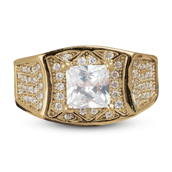 Gallant Pinky Ring featuring a gold-plated sterling silver band with a large square clear gemstone center and surrounding smaller sparkling stones, designed for men’s jewelry.