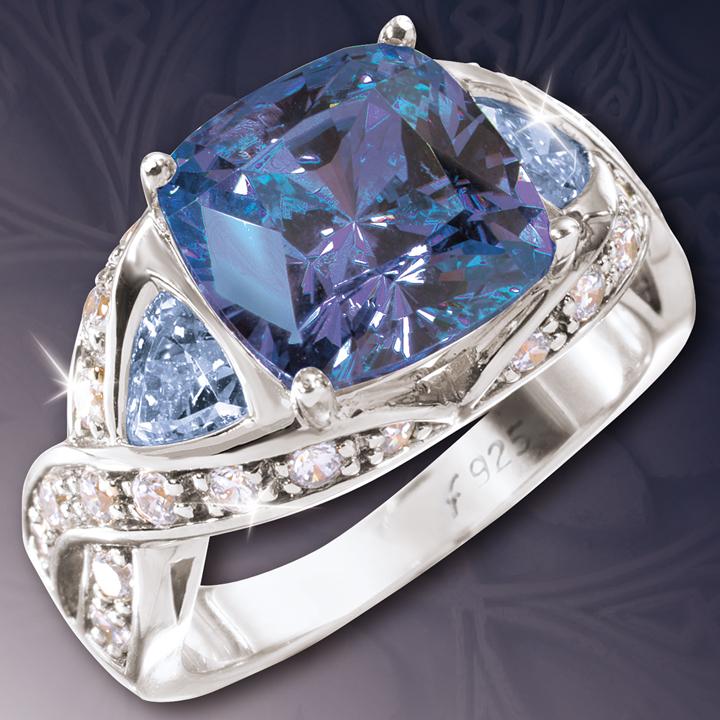 Blue Topaz Palace Ring featuring a large blue topaz center stone set in sterling silver with rhodium plating, accented by smaller blue and clear gemstones in an elegant design for women’s jewelry.