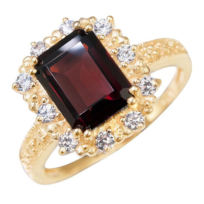 Genoa Garnet Ring featuring a rectangular garnet center stone surrounded by small sparkling accents, set in gold plated sterling silver for women’s jewelry.