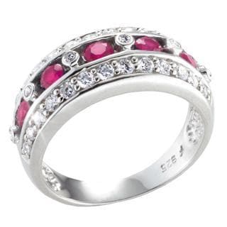 Rodeo Drive Red Ring featuring sterling silver with rhodium plating, adorned with a row of vibrant red stones and sparkling clear gemstones, designed for women’s jewelry collections.