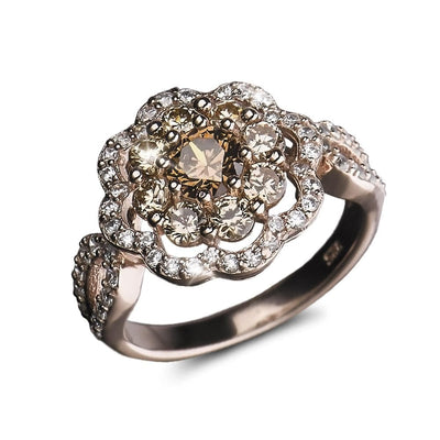 Eleganza Champagne Ring featuring sterling silver with rose gold plating, designed for females, showcasing a sparkling cluster of champagne and clear stones in a floral-inspired setting.