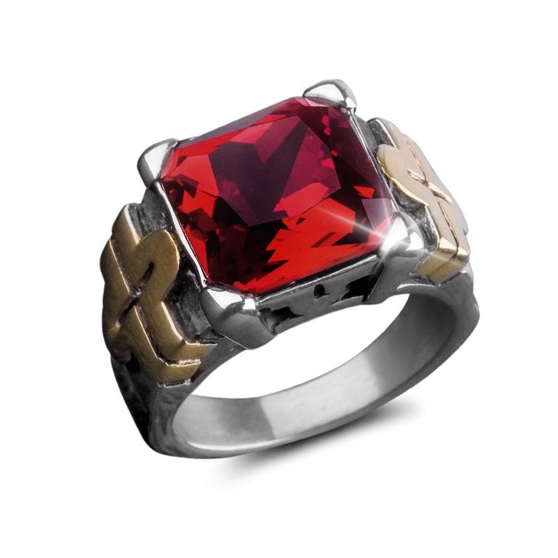 Fiesta Red Men's Ring featuring a large square red gemstone set in stainless steel with gold plating accents on the band, designed for a bold masculine style.