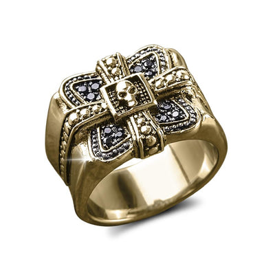 Midnight Skull Gold Fused Ring in stainless steel with gold plating, featuring an intricate skull design and black detailing, a bold statement men's jewelry piece.
