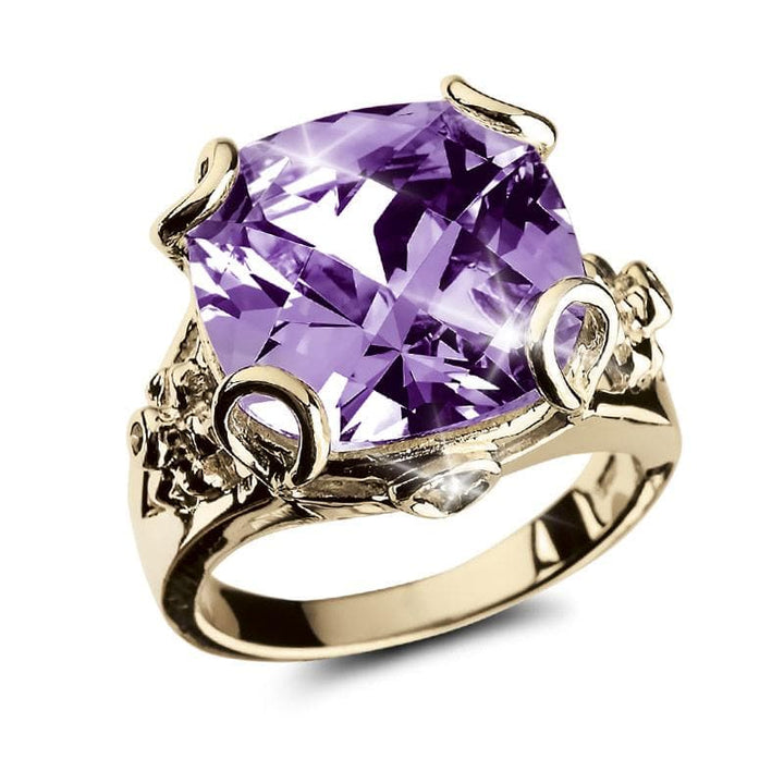 Golden Fascination Ring featuring a large purple gemstone set in a sterling silver band with gold plating, designed for females, showcasing elegant jewelry craftsmanship.