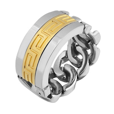 Meander Men's Chain Ring featuring a two-tone stainless steel design with a bold, intricate chain link pattern and gold-toned decorative detailing for a modern masculine look.