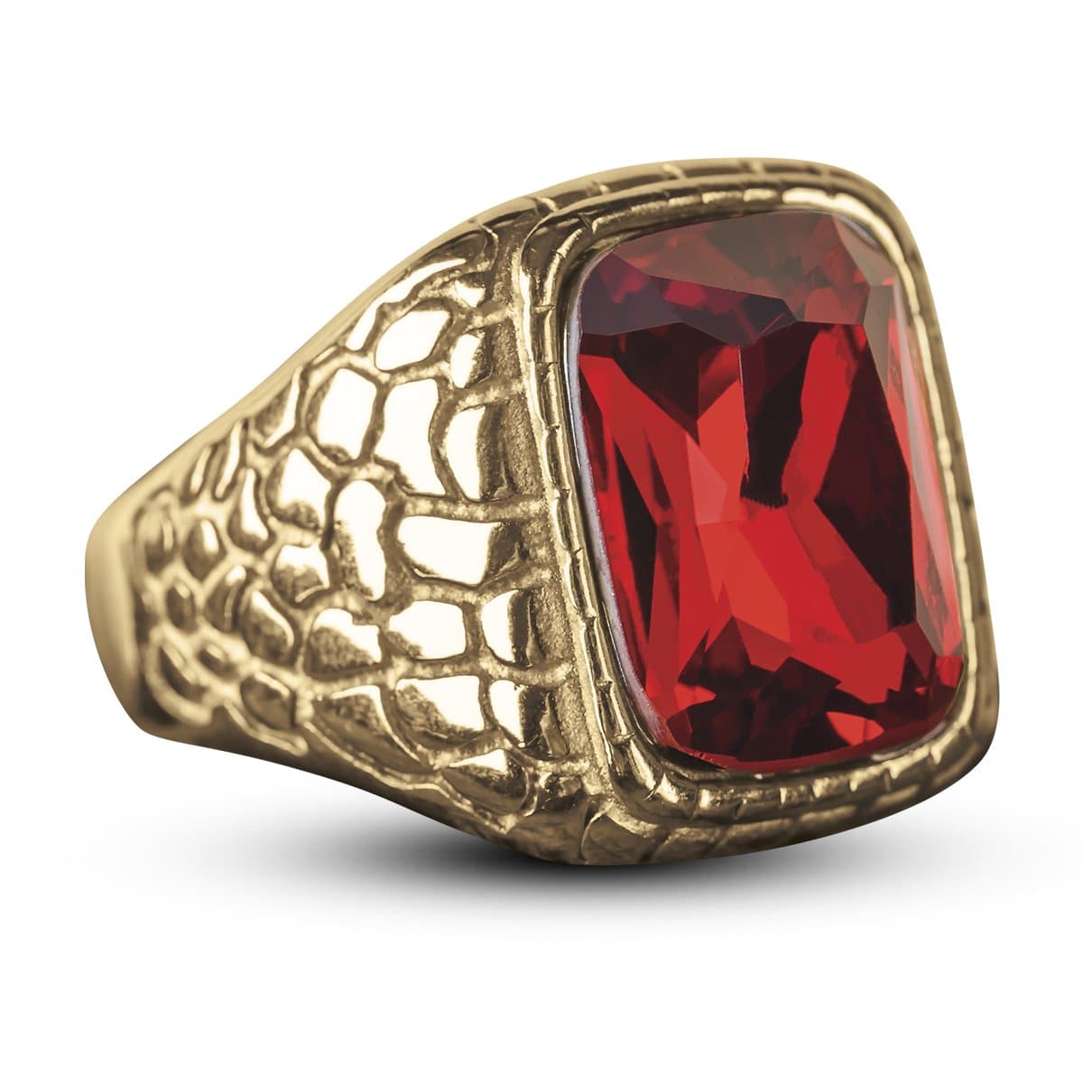 Serpenta Red Ring featuring a large red gemstone set in a gold-plated stainless steel band with a textured, reptile-inspired design, crafted for men’s jewelry.