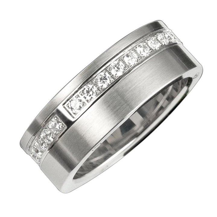 Men's Sentinel Ring crafted from sterling silver featuring a modern design with a row of sparkling clear stones embedded along the band, perfect men's jewelry ring.