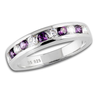 Sterling silver women's ring featuring alternating clear and purple gemstones in a polished band, designed as the Manhattan Stacker A.