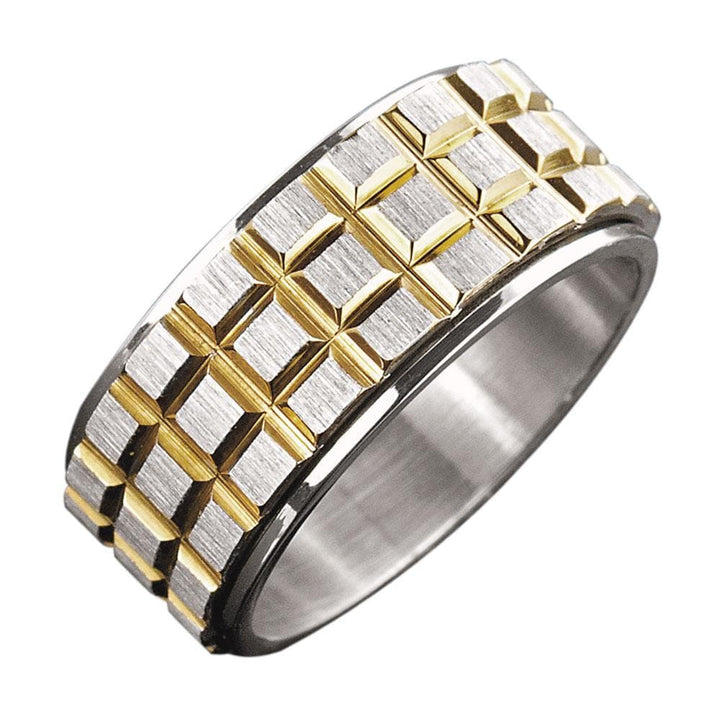 Steel Spinner Ring for men crafted from stainless steel with a two-tone plating featuring an intricate textured design, perfect for stylish jewelry collections.